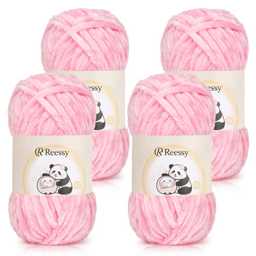 Reessy Chenille-Garn, 400 g (4 x 100 g), Schneewittchen-Chenille-Woll-Set, superweiches, dickes Garn zum Häkeln und Stricken von Kleidung, Decken, DIY (Rosa) von Reessy