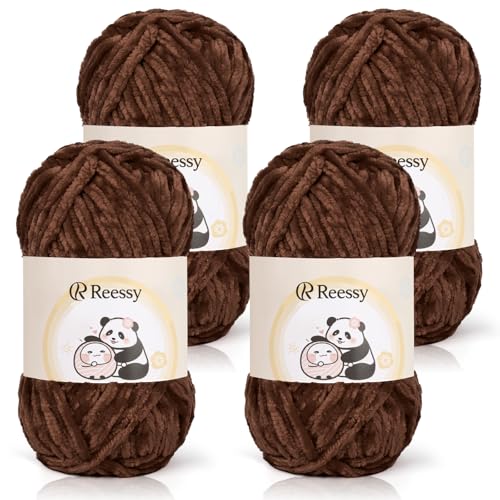 Reessy Chenille-Garn, 400 g (4 x 100 g), Schneewittchen-Chenille-Woll-Set, superweiches, dickes Garn zum Häkeln und Stricken von Kleidung, Decken, DIY (braun) von Reessy