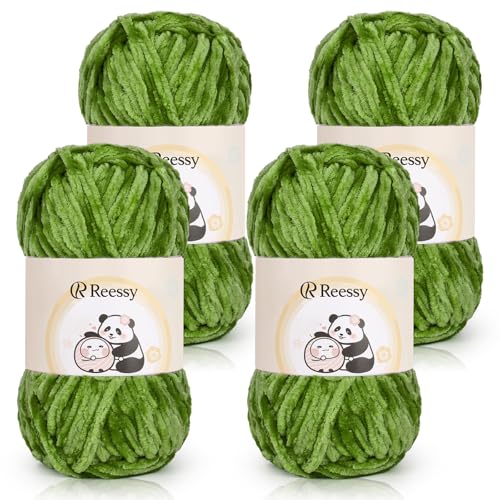 Reessy Chenille-Garn, 400 g (4 x 100 g), Schneewittchen-Chenille-Woll-Set, superweiches, dickes Garn zum Häkeln und Stricken von Kleidung, Decken, DIY (grün) von Reessy
