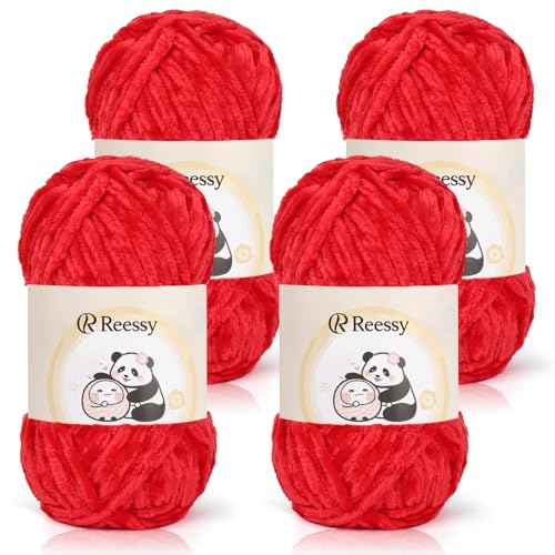 Reessy Chenille-Garn, 400 g (4 x 100 g), Schneewittchen-Chenille-Woll-Set, superweiches, dickes Garn zum Häkeln und Stricken von Kleidung, Decken, DIY (rot) von Reessy