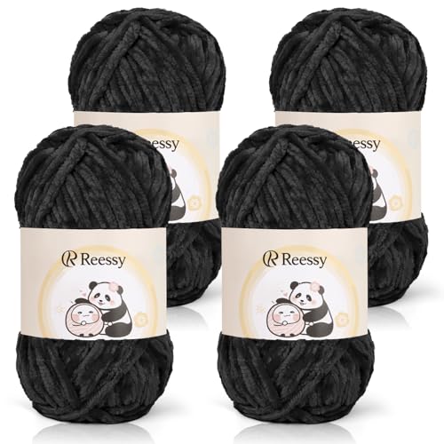 Reessy Chenille-Garn, 400 g (4 x 100 g), Schneewittchen-Chenille-Woll-Set, superweiches, dickes Garn zum Häkeln und Stricken von Kleidung, Decken, DIY (schwarz) von Reessy