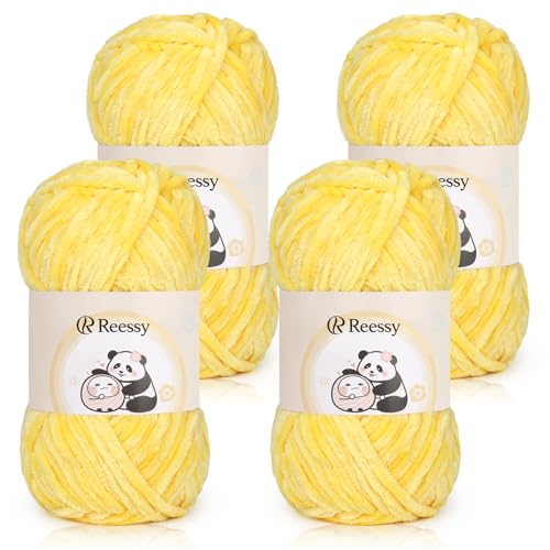 Reessy Chenille-Garn, 400 g (4 × 100 g), superweiches, klobiges Woll-Set, dickes Garn zum Häkeln und Stricken von Kleidung, Handtasche, Decken, DIY, ideal für Anfänger und Erwachsene (gelb) von Reessy