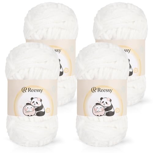 Reessy Chenille-Garn, 400 g (4 × 100 g), superweiches, klobiges Woll-Set, dickes Garn zum Häkeln und Stricken von Kleidung, Handtasche, Decken, DIY, ideal für Anfänger und Erwachsene (weiß) von Reessy