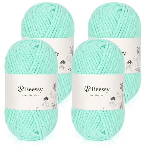 Reessy Chenille-Garn, weiches, grobes Garn zum Häkeln, 4 × 50 g dicke Wolle, flauschige Wolle, perfekt zum Häkeln von Babydecken, Pullovern, Schals, Mützen (Aqua Green) von Reessy