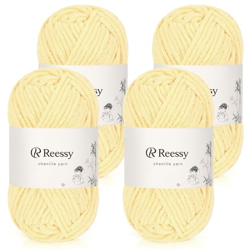 Reessy Chenille-Garn, weiches, grobes Garn zum Häkeln, 4 × 50 g dicke Wolle, flauschige Wolle, perfekt zum Häkeln von Babydecken, Pullovern, Schals, Mützen (Gelb) von Reessy