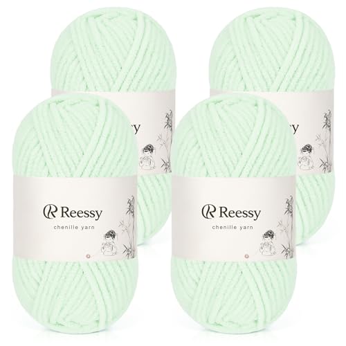 Reessy Chenille-Garn, weiches, grobes Garn zum Häkeln, 4 × 50 g dicke Wolle, flauschige Wolle, perfekt zum Häkeln von Babydecken, Pullovern, Schals, Mützen (Hellgrün) von Reessy