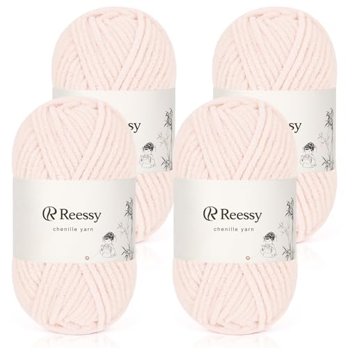 Reessy Chenille-Garn, weiches, grobes Garn zum Häkeln, 4 × 50 g dicke Wolle, flauschige Wolle, perfekt zum Häkeln von Babydecken, Pullovern, Schals, Mützen (Hellrosa) von Reessy