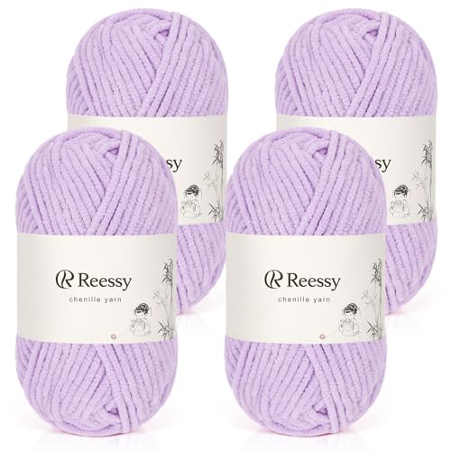 Reessy Chenille-Garn, weiches, grobes Garn zum Häkeln, 4 × 50 g dicke Wolle, flauschige Wolle, perfekt zum Häkeln von Babydecken, Pullovern, Schals, Mützen (Hellviolett) von Reessy