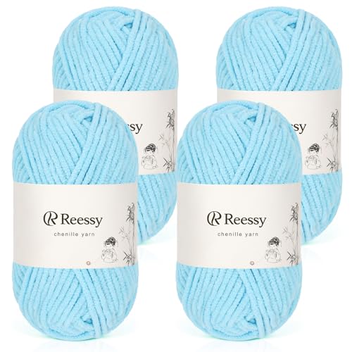 Reessy Chenille-Garn, weiches, grobes Garn zum Häkeln, 4 × 50 g dicke Wolle, flauschige Wolle, perfekt zum Häkeln von Babydecken, Pullovern, Schals, Mützen (Himmelblau) von Reessy