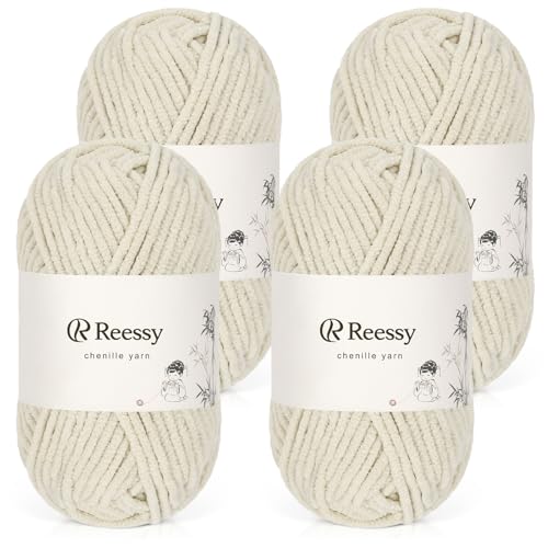 Reessy Chenille-Garn, weiches, grobes Garn zum Häkeln, 4 × 50 g dicke Wolle, flauschige Wolle, perfekt zum Häkeln von Babydecken, Pullovern, Schals, Mützen (Khaki) von Reessy
