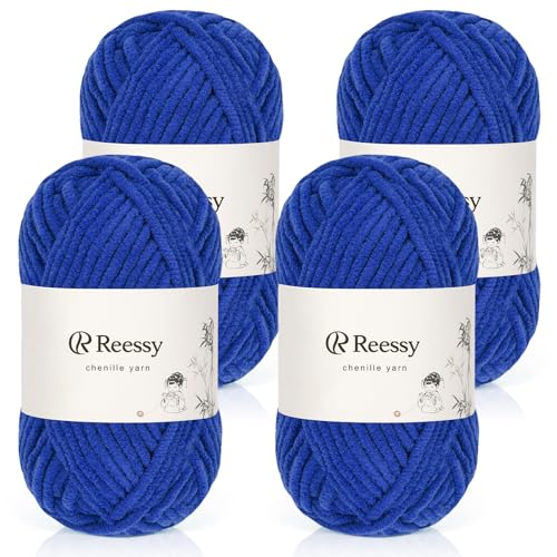 Reessy Chenille-Garn, weiches, grobes Garn zum Häkeln, 4 × 50 g dicke Wolle, flauschige Wolle, perfekt zum Häkeln von Babydecken, Pullovern, Schals, Mützen (Königsblau) von Reessy