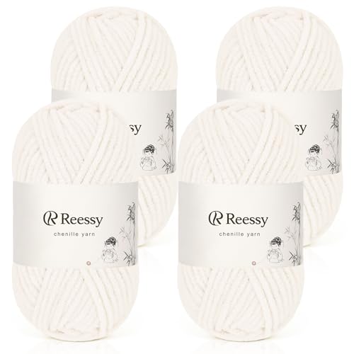 Reessy Chenille-Garn, weiches, grobes Garn zum Häkeln, 4 × 50 g dicke Wolle, flauschige Wolle, perfekt zum Häkeln von Babydecken, Pullovern, Schals, Mützen (Off-White) von Reessy