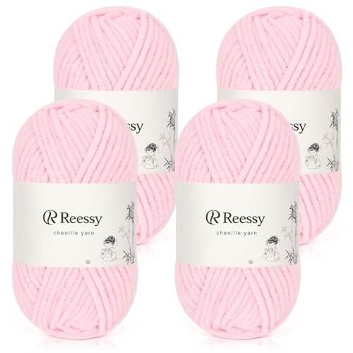 Reessy Chenille-Garn, weiches, grobes Garn zum Häkeln, 4 × 50 g dicke Wolle, flauschige Wolle, perfekt zum Häkeln von Babydecken, Pullovern, Schals, Mützen (Rosa) von Reessy