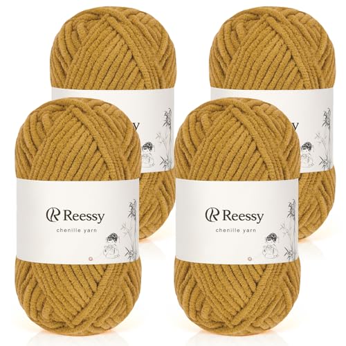 Reessy Chenille-Garn, weiches, grobes Garn zum Häkeln, 4 × 50 g dicke Wolle, flauschige Wolle, perfekt zum Häkeln von Babydecken, Pullovern, Schals, Mützen (Sandgelb) von Reessy