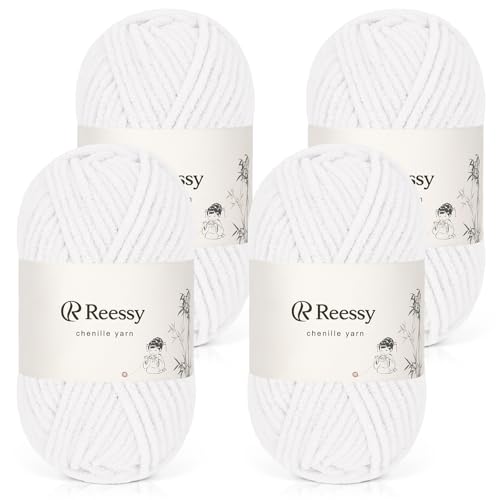 Reessy Chenille-Garn, weiches, grobes Garn zum Häkeln, 4 × 50 g dicke Wolle, flauschige Wolle, perfekt zum Häkeln von Babydecken, Pullovern, Schals, Mützen (Schneeweiß) von Reessy