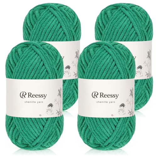 Reessy Chenille-Garn, weiches, grobes Garn zum Häkeln, 4 × 50 g dicke Wolle, flauschige Wolle, perfekt zum Häkeln von Babydecken, Pullovern, Schals, Mützen (Smaragdgrün) von Reessy