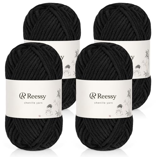 Reessy Chenille-Garn, weiches, grobes Garn zum Häkeln, 4 × 50 g dicke Wolle, flauschige Wolle, perfekt zum Häkeln von Babydecken, Pullovern, Schals, Mützen (dunkel) von Reessy