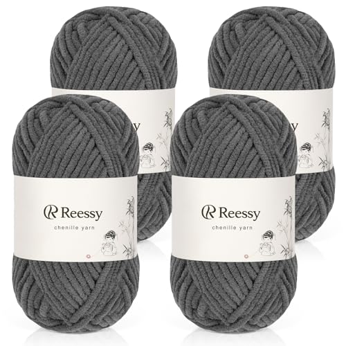 Reessy Chenille-Garn, weiches, grobes Garn zum Häkeln, 4 × 50 g dicke Wolle, flauschige Wolle, perfekt zum Häkeln von Babydecken, Pullovern, Schals, Mützen (dunkelgrau) von Reessy