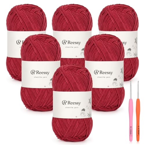 Reessy Dünnes Chenille-Garn zum Häkeln, 6 Stück, 50 g, weiches, flauschiges Chenille-Garn, Baby-Gewichte, ideales Häkelgarn für Babydecken, Plüschtiere und Wearables, insgesamt 950 m, Burgunderrot Reessy Dünnes Chenille-Garn zum Häkeln, 6 Stück, 50 g, weiches, flauschiges Chenille-Garn, Baby-Gewichte, ideales Häkelgarn für Babydecken, Plüschtiere und Wearables, insgesamt 950 m, Burgunderrot von Reessy