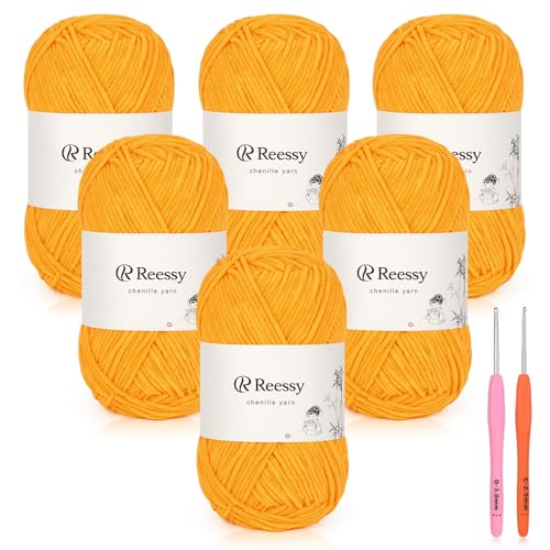 Reessy Dünnes Chenille-Garn zum Häkeln, 6 Stück, 50 g, weiches, flauschiges Chenille-Garn, Baby-Gewichte, ideales Häkelgarn für Babydecken, Plüschtiere und Wearables, insgesamt 950 m, Aprikose von Reessy