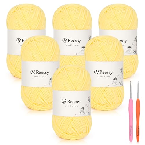 Reessy Dünnes Chenille-Garn zum Häkeln, 6 Stück, 50 g, weiches, flauschiges Chenille-Garn, feines Gewicht (CYC #2), ideales Häkelgarn für Babydecken, Plüschtiere und Wearables, insgesamt 950 m von Reessy