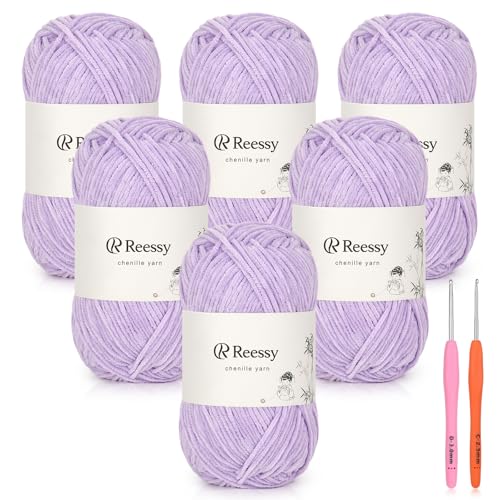 Reessy Dünnes Chenille-Garn zum Häkeln, 6 Stück, 50 g, weiches, flauschiges Chenille-Garn, feines Gewicht (CYC #2), ideales Häkelgarn für Babydecken, Plüschtiere und Wearables, insgesamt 950 m (ICY von Reessy