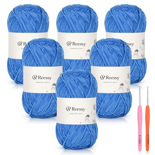 Reessy Dünnes Chenille-Garn zum Häkeln, 6 Stück, 50 g, weiches, flauschiges Chenille-Garn, feines Gewicht (CYC #2), ideales Häkelgarn für Babydecken, Plüschtiere und Wearables, insgesamt 950 m von Reessy