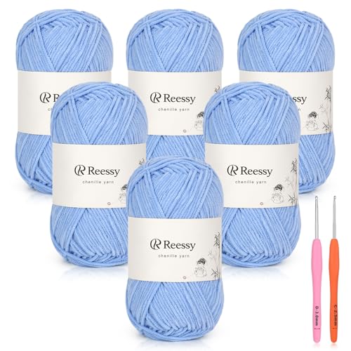 Reessy Dünnes Chenille-Garn zum Häkeln, 6 Stück, 50 g, weiches, flauschiges Chenille-Garn, feines Gewicht (CYC #2), ideales Häkelgarn für Babydecken, Plüschtiere und Wearables, insgesamt 950 m von Reessy