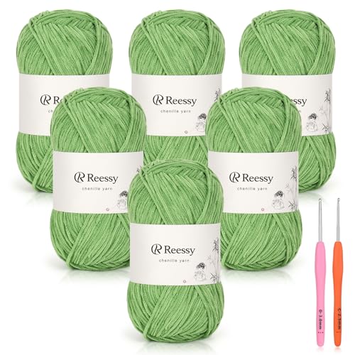 Reessy Dünnes Chenille-Garn zum Häkeln, 6 Stück, 50 g, weiches, flauschiges Chenille-Garn, feines Gewicht (CYC #2), ideales Häkelgarn für Babydecken, Plüschtiere und Wearables, insgesamt 950 m von Reessy