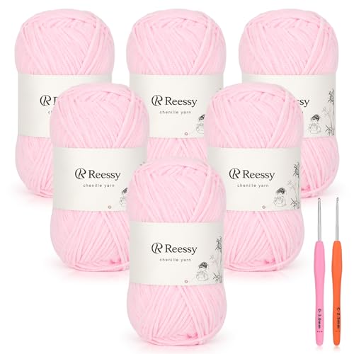 Reessy Dünnes Chenille-Garn zum Häkeln, 6 Stück, 50 g, weiches, flauschiges Chenille-Garn, feines Gewicht (CYC #2), ideales Häkelgarn für Babydecken, Plüschtiere und Wearables, insgesamt 950 m (zartes von Reessy