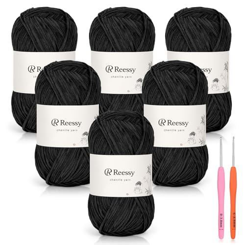 Reessy Dünnes Chenille-Garn zum Häkeln, 6 Stück, 50 g, weiches, flauschiges Chenille-Garn, feines Gewicht (CYC #2), ideales Häkelgarn für Babydecken, Plüschtiere und Wearables, insgesamt 950 m von Reessy