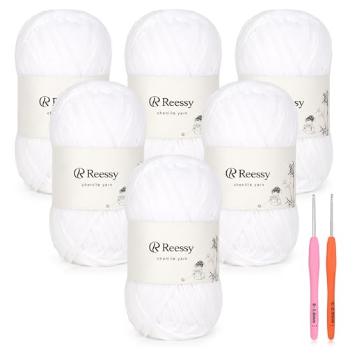Reessy Dünnes Chenille-Garn zum Häkeln, 6 Stück, 50 g, weiches, flauschiges Chenille-Garn, feines Gewicht (CYC #2), ideales Häkelgarn für Babydecken, Plüschtiere und Wearables – insgesamt 950 m von Reessy