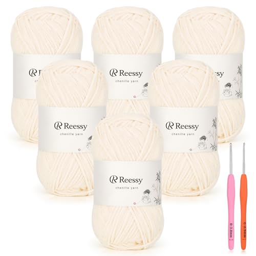 Reessy Dünnes Chenille-Garn zum Häkeln, 6 Stück, 50 g, weiches, flauschiges Chenille-Garn, feines Gewicht (CYC #2), ideales Häkelgarn für Babydecken, Plüschtiere und Wearables – insgesamt 950 m von Reessy