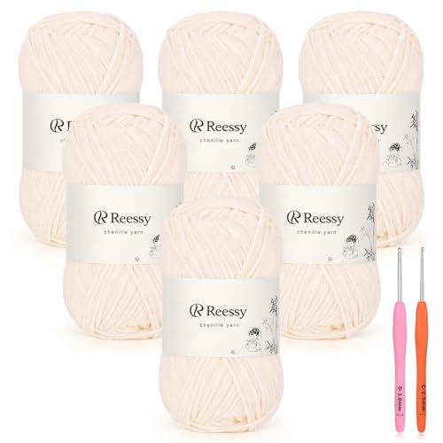 Reessy Dünnes Chenille-Garn zum Häkeln, 6 Stück à 50 g, weiches, flauschiges Chenille-Garn, Baby-Gewichte, ideales Häkelgarn für Babydecken, Plüschtiere und Wearables, insgesamt 950 m (Blüte) von Reessy