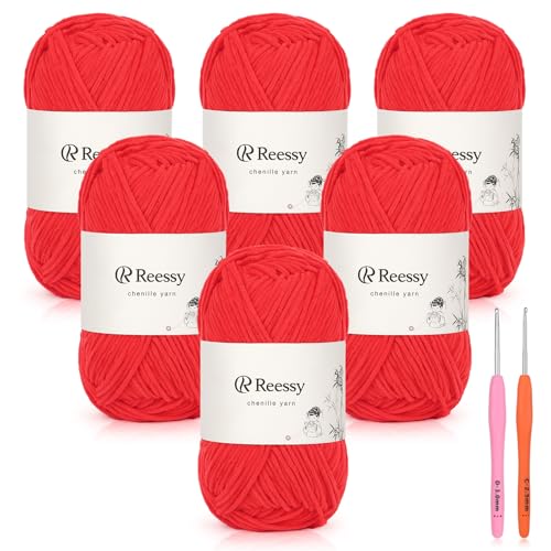 Reessy Dünnes Chenille-Garn zum Häkeln, 6 Stück à 50 g, weiches, flauschiges Chenille-Garn, Baby-Gewichte, ideales Häkelgarn für Babydecken, Plüschtiere und Wearables, insgesamt 950 m (Crimson) von Reessy