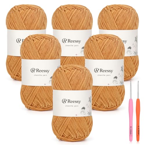 Reessy Dünnes Chenille-Garn zum Häkeln, weiches flauschiges Chenille-Garn, Babygewichte, ideales Häkelgarn für Babydecken, Plüschtiere und Wearables, insgesamt 950 m, Walnussholz, 6 Stück Reessy Dünnes Chenille-Garn zum Häkeln, weiches flauschiges Chenille-Garn, Babygewichte, ideales Häkelgarn für Babydecken, Plüschtiere und Wearables, insgesamt 950 m, Walnussholz, 6 Stück von Reessy