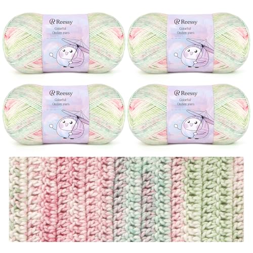 Reessy Häkelgarn, 4 × 100 g Strickwolle, Häkelgarn-Set, 78 % Baumwolle, 22 % Acrylgarne zum Häkeln, superweiche, bunte Wolle zum Stricken von Schals, Schals, Socken, Basteln und Kleidung von Reessy