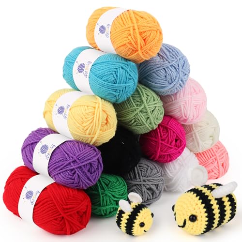 Reessy Häkelgarn-Set, 375 g (15 × 25 g), mehrfarbiges Strickwolle, Acrylgarn für Anfänger, Häkeln, superweiches 4-lagiges Garn für Häkelpuppen, Handwerk von Reessy