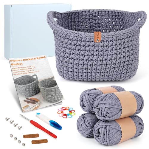 Reessy Häkelsets für Anfänger Erwachsene, Häkelquadratkorb-Kit, komplettes Korb-Start-Kit mit Anleitung, Häkelnadel, dickes Garn, Anfänger Häkelset für Erwachsene, um Häkeln zu lernen - Grau von Reessy
