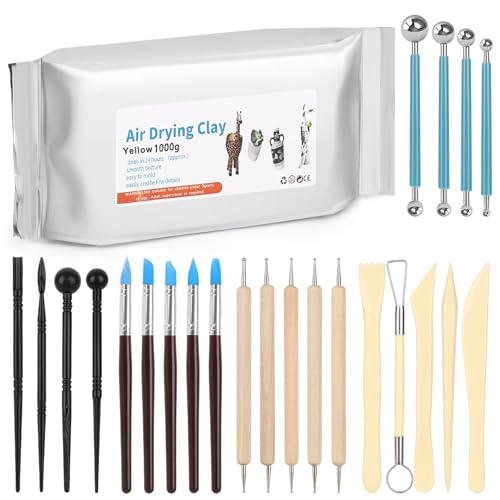 Reessy Lufttrocknender Ton für Erwachsene, 1 kg, lufttrocknender Ton-Set mit 23-teiligem Keramik-Modellierwerkzeug-Set, komplettes Modellierset für Anfänger und Profis, Gelb Reessy Lufttrocknender Ton für Erwachsene, 1 kg, lufttrocknender Ton-Set mit 23-teiligem Keramik-Modellierwerkzeug-Set, komplettes Modellierset für Anfänger und Profis, Gelb von Reessy