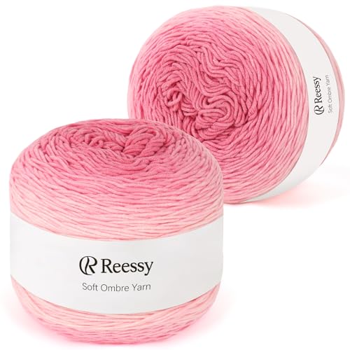 Reessy Ombre Garn zum Häkeln, 2 × 230 g Regenbogenwolle Kuchengarn Set, 55% Acryl 45% Baumwollgarn zum Häkeln und Stricken - Rosa Farbverlaufswolle für Schals, Pullover und Decken von Reessy