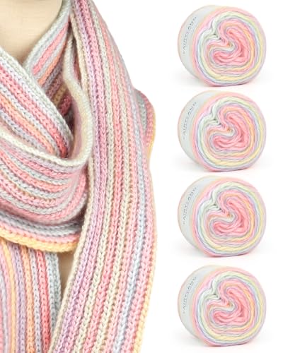 Reessy Ombre Garn zum Häkeln, 4 × 100 g Regenbogenwolle Kuchengarn-Set, 60% Baumwolle, 30% Acryl, 10% Wolle, mehrfarbige Garne für Schals, Decken, Basteln und Kleidung von Reessy