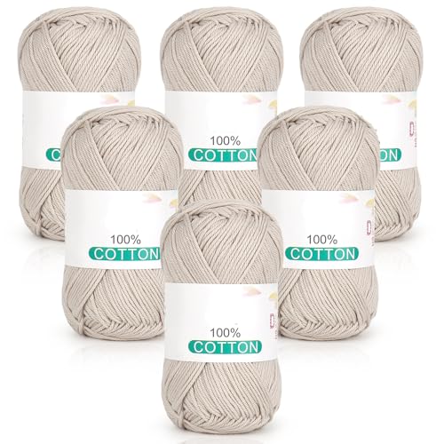 Reessy Reines Baumwollgarn zum Häkeln und Stricken, 6 Knäuel (je 50 g, insgesamt 300 g), ideales Häkelgarn für Geschirrtücher, Babydecken, Wearables und Bastelarbeiten (Beige) von Reessy