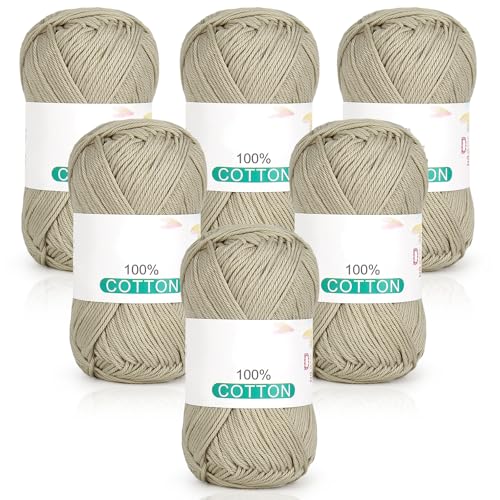 Reessy Reines Baumwollgarn zum Häkeln und Stricken, 6 Knäuel (je 50 g, insgesamt 300 g), ideales Häkelgarn für Geschirrtücher, Babydecken, Wearables und Bastelarbeiten (Khaki) von Reessy