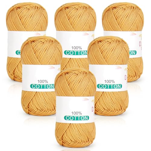 Reessy Reines Baumwollgarn zum Häkeln und Stricken, 6 Knäuel (je 50 g, insgesamt 300 g), ideales Häkelgarn für Geschirrtücher, Babydecken, Wearables und Bastelarbeiten (Senfgelb) von Reessy