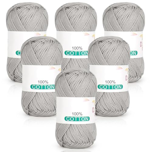 Reessy Reines Baumwollgarn zum Häkeln und Stricken, 6 Knäuel (je 50 g, insgesamt 300 g), ideales Häkelgarn für Geschirrtücher, Babydecken, Wearables und Bastelarbeiten (grau) von Reessy