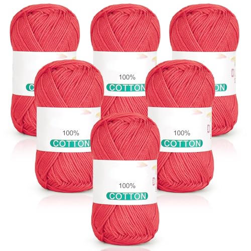 Reessy Reines Baumwollgarn zum Häkeln und Stricken, 6 Knäuel (je 50 g, insgesamt 300 g), ideales Häkelgarn für Geschirrtücher, Babydecken, Wearables und Bastelarbeiten (rot) von Reessy