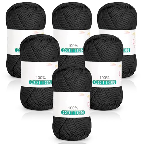 Reessy Reines Baumwollgarn zum Häkeln und Stricken, 6 Knäuel (je 50 g, insgesamt 300 g), ideales Häkelgarn für Geschirrtücher, Babydecken, Wearables und Bastelarbeiten (schwarz) von Reessy