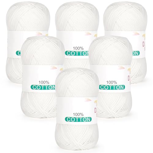 Reessy Reines Baumwollgarn zum Häkeln und Stricken, 6 Knäuel (je 50 g, insgesamt 300 g), ideales Häkelgarn für Geschirrtücher, Babydecken, Wearables und Bastelarbeiten (weiß) von Reessy