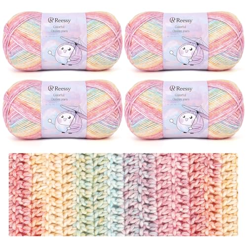 Reessy Strickwolle, 4 × 100 g Acrylgarn, Häkelgarn-Set, 78 % Baumwolle, 22 % Acrylgarne zum Häkeln, superweiche, bunte Wolle zum Stricken von Schals, Schals, Socken, Basteln und Kleidung von Reessy